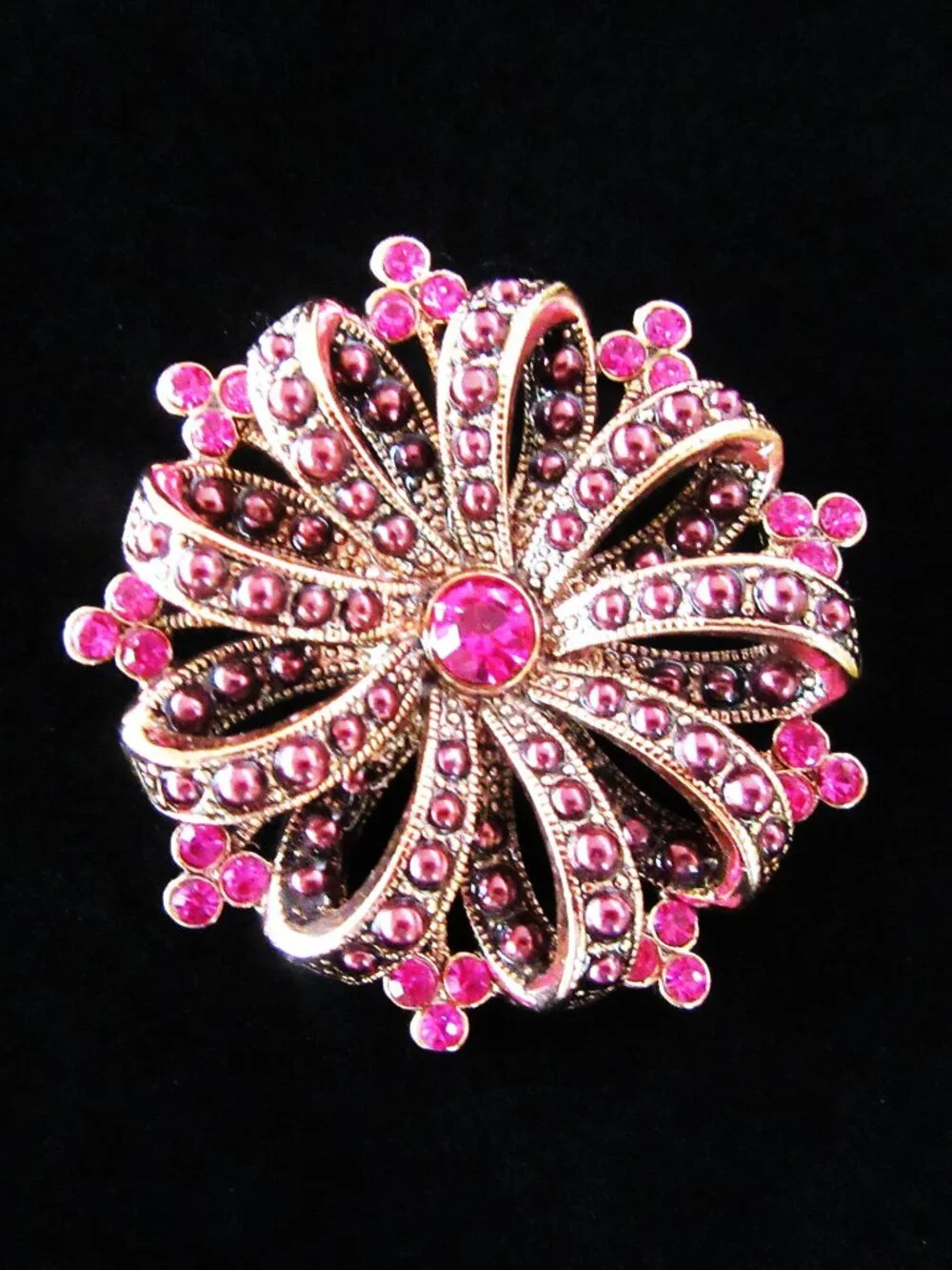 Liz Claiborne copper ribbon brooch with red & pink rhinestones